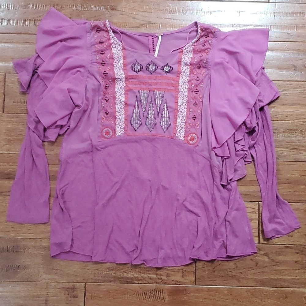 Free People La Cienega Wisteria Mauve Embroidered Sheer Inset Blouse